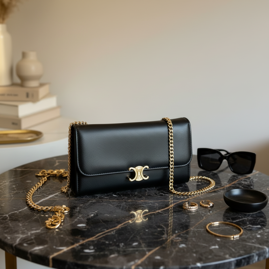 Clutch preta com corrente dourada em ambiente chic escuro