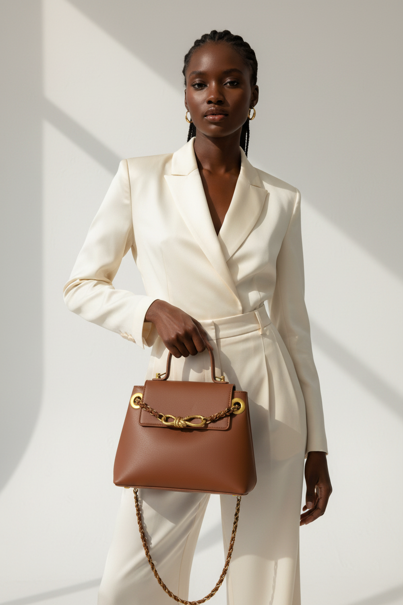 Mulher negra usando bolsa caramelo com corrente dourada