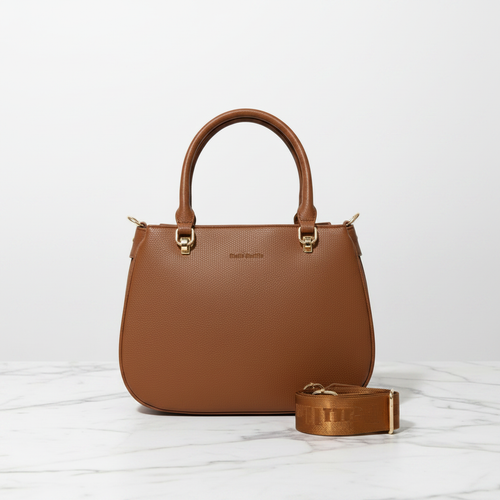 Bolsa caramelo prestige com ferragens douradas em mármore
