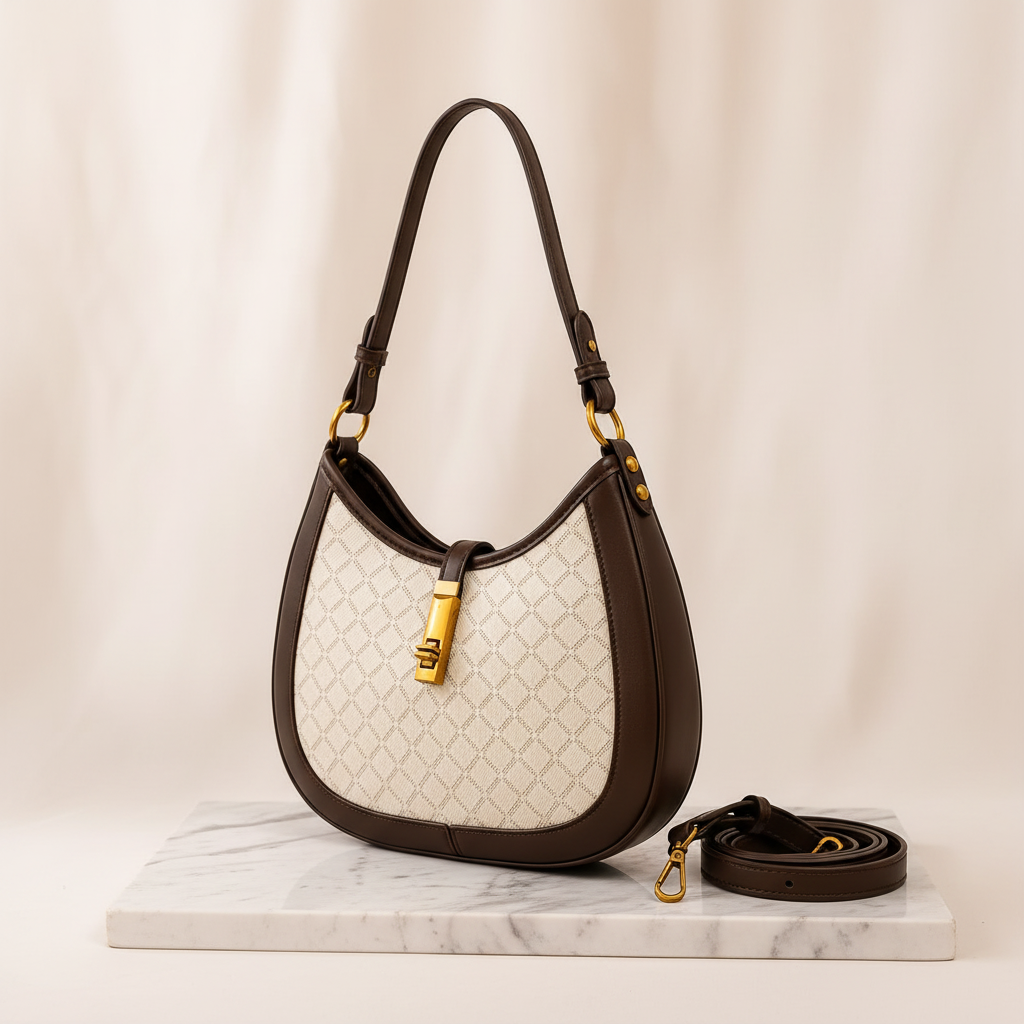 Bolsa hobo luxo com couro premium e ferragens douradas em mármore