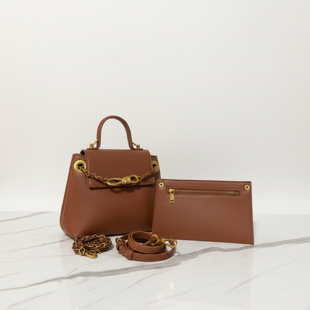 Bolsa caramelo com corrente dourada em mármore branco