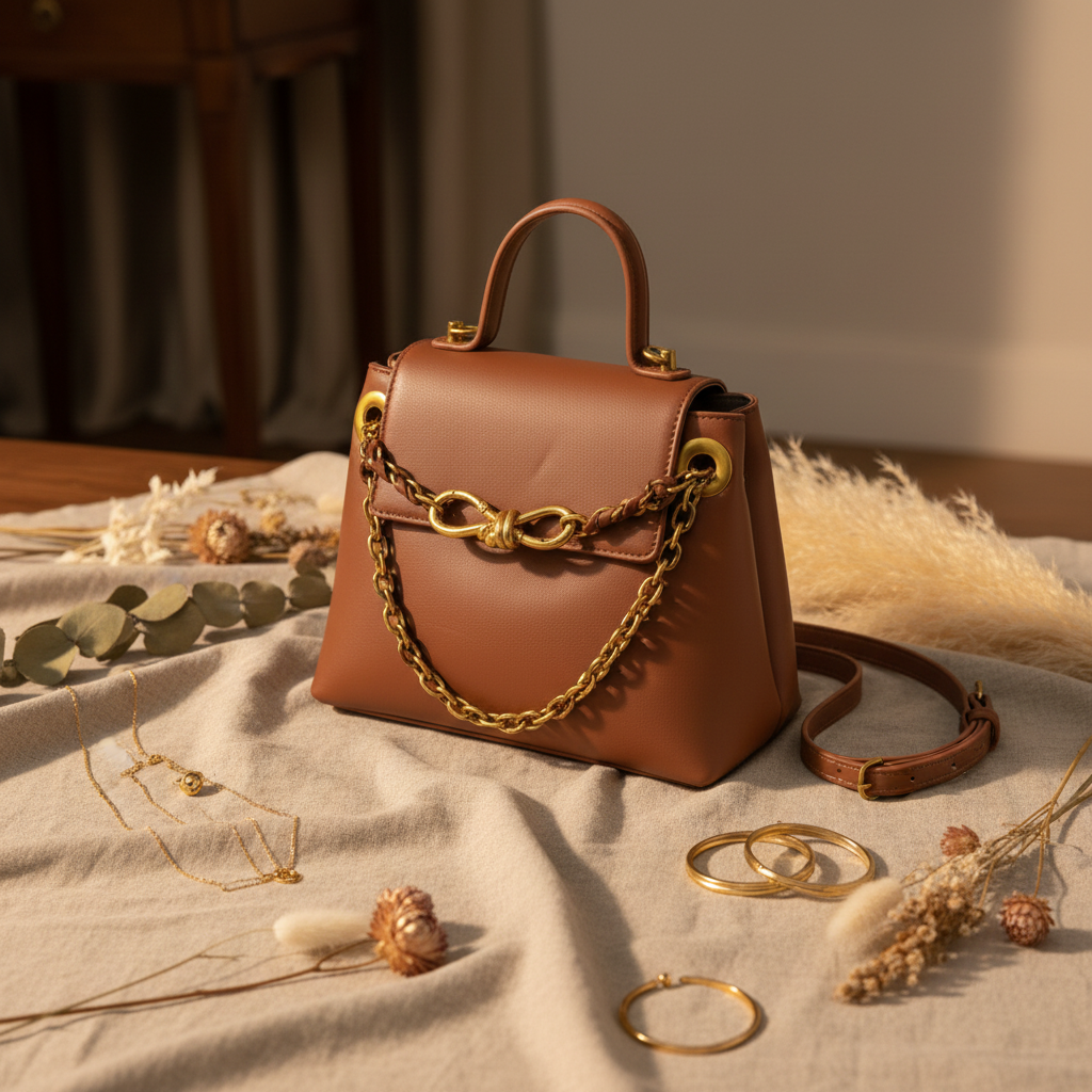 Bolsa caramelo com corrente dourada em ambiente linho elegante