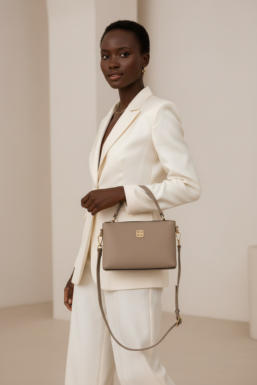 Mulher negra usando kit bolsa nude elegante