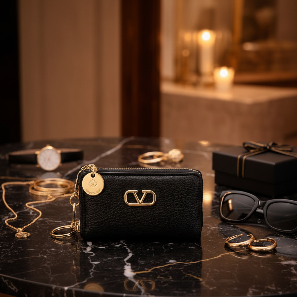 Porta-cartão preto com logo dourado em ambiente chic escuro