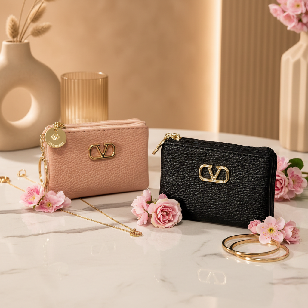 Duo porta-cartão nude e preto com zíper dourado em ambiente feminino
