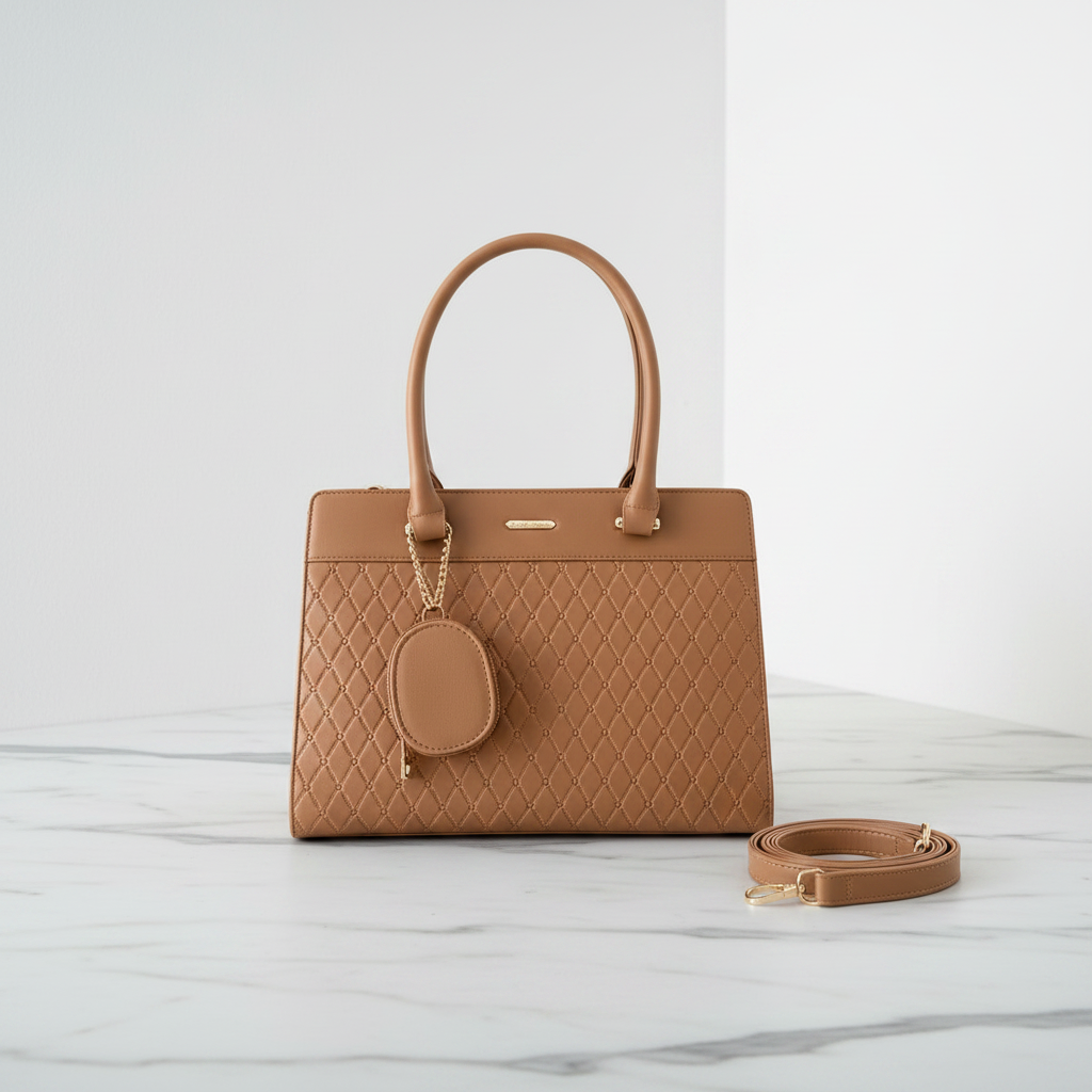Bolsa tote caramelo matelâssê com mini pochete em mármore