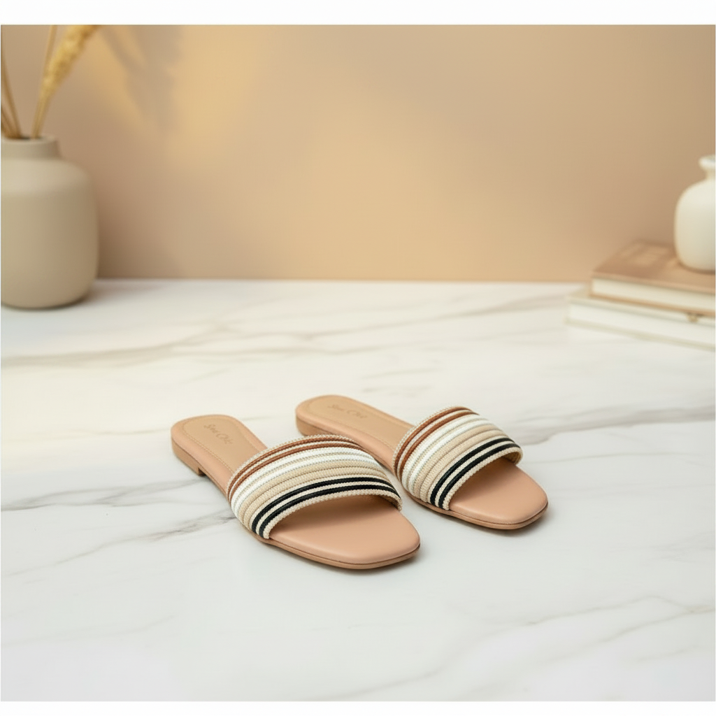 Par de rasteiras listras boho multicoloridas em mármore branco