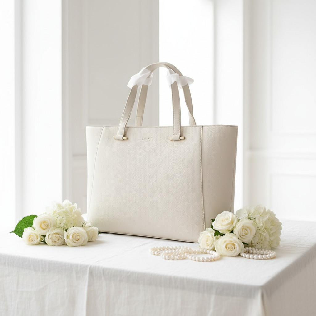 Bolsa tote off-white com laço em ambiente branco elegante