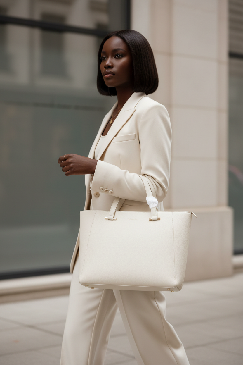 Mulher negra usando bolsa tote off-white com laço dourado