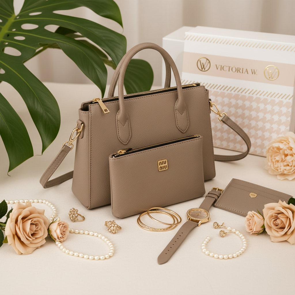 Kit bolsa nude elegante em ambiente feminino delicado