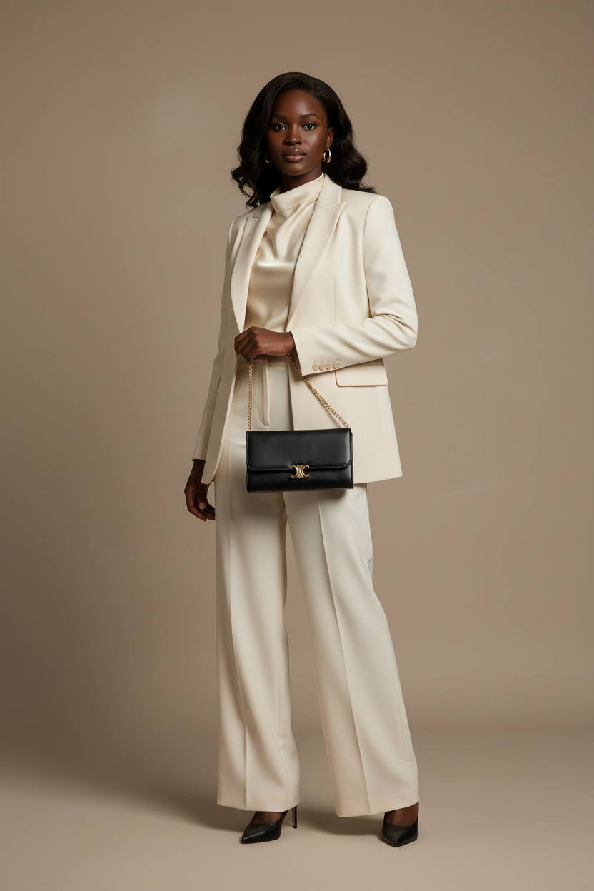 Mulher negra usando clutch preta com corrente dourada