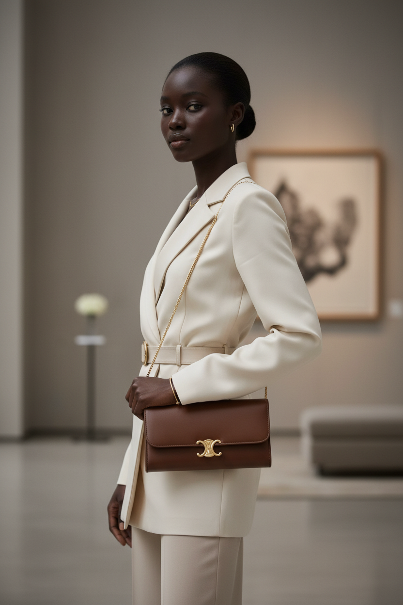 Mulher negra usando clutch marrom com corrente dourada