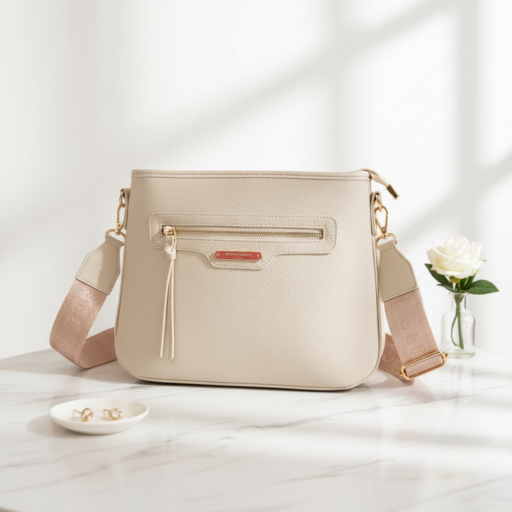 Bolsa Crossbody Chic Ivory — Flat Lay Mármore