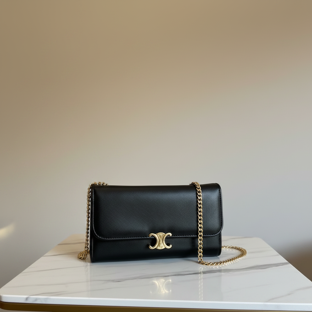 Clutch preta com corrente dourada em mármore branco
