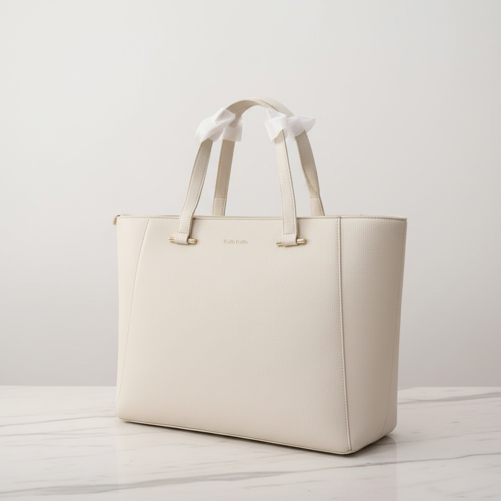 Bolsa tote off-white com laço e ferragens douradas em mármore