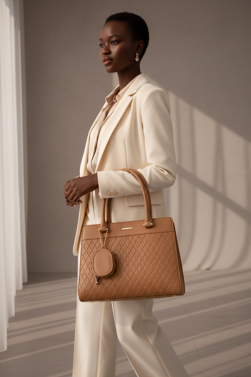 Mulher negra usando bolsa tote caramelo matelâssê