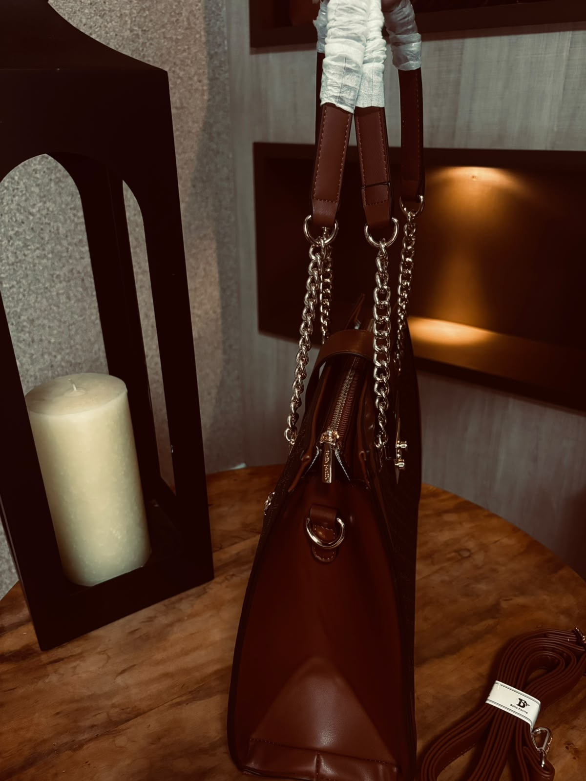 Bolsa Tote Cannage Brown Gold Chain