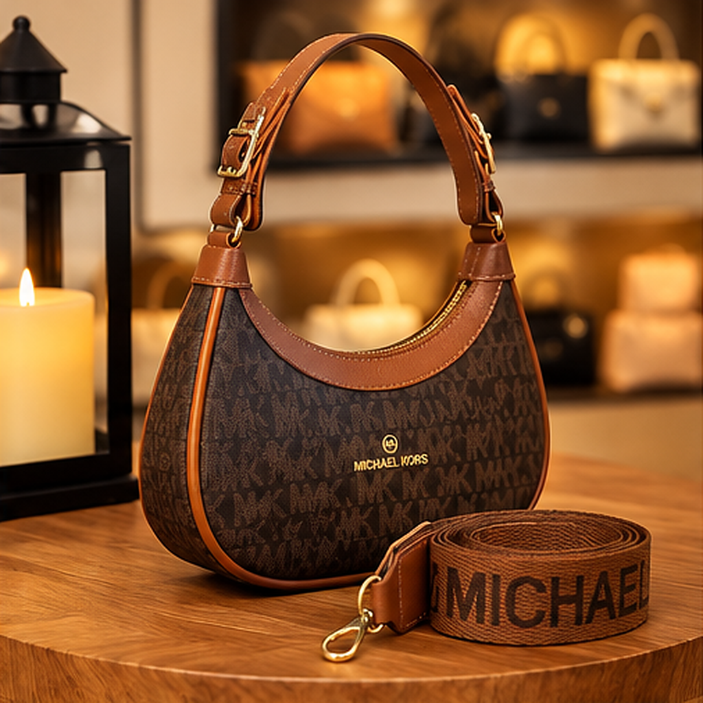 Bolsa hobo marrom com detalhes caramelo — três quartos