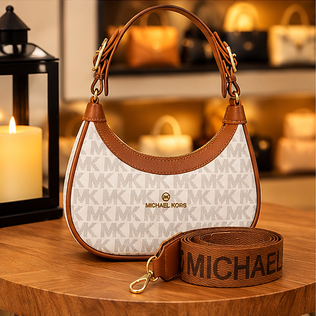Bolsa hobo off-white com detalhes caramelo — frente