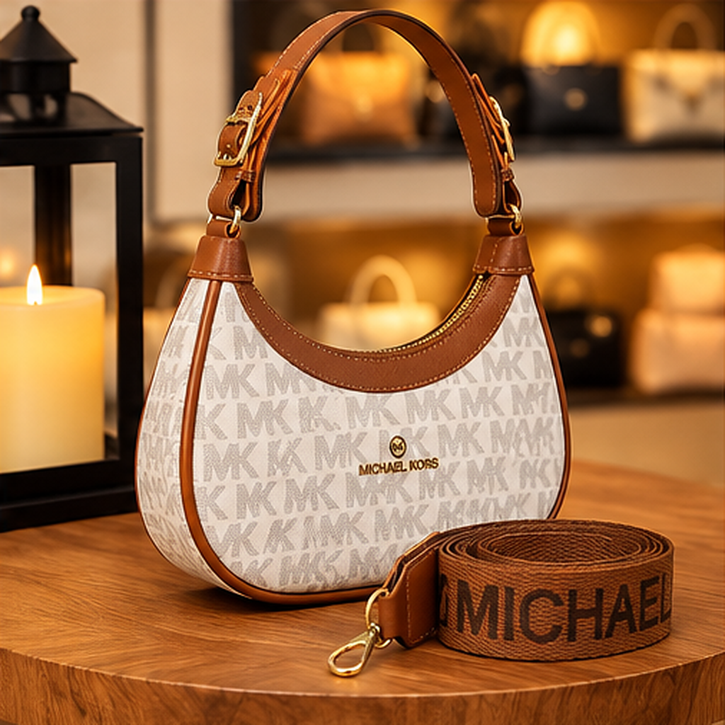 Bolsa hobo off-white com detalhes caramelo — três quartos