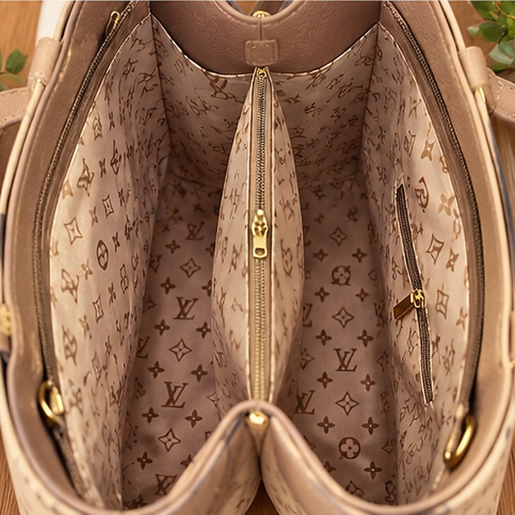 Interior da bolsa bege, compartimentos e forro estampado