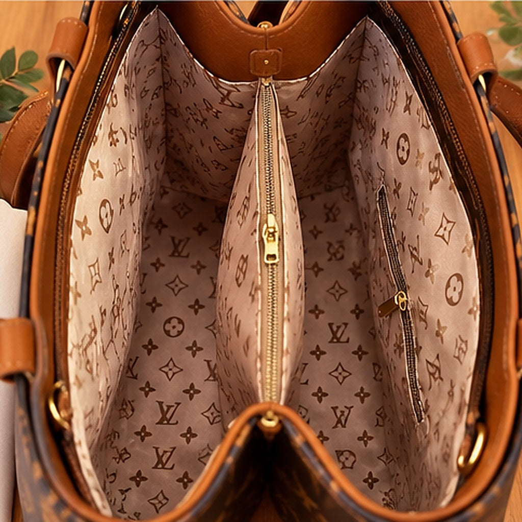 Interior da bolsa com acabamento caramelo, compartimentos e forro estampado