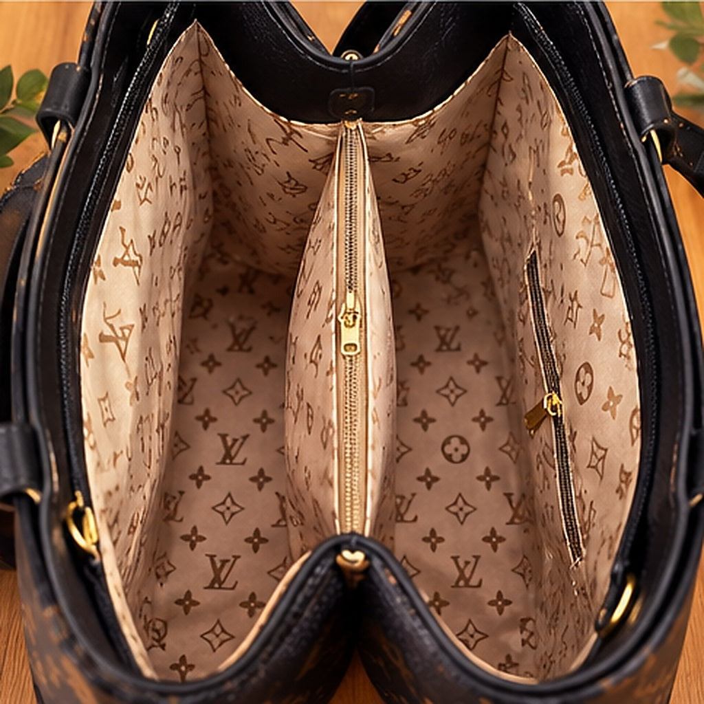 Interior da bolsa com acabamento preto, compartimentos e forro estampado