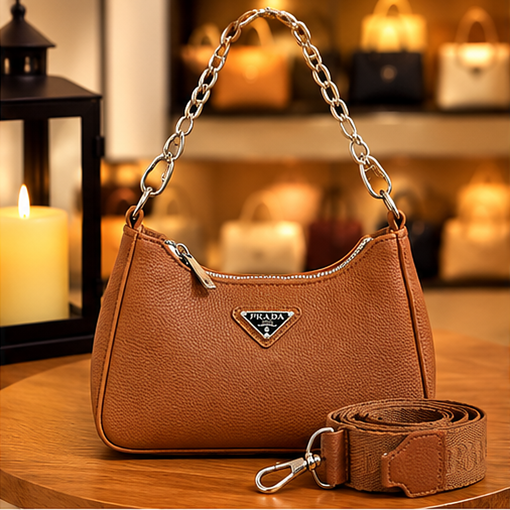 Bolsa mini hobo caramelo com corrente prateada e alça longa — frente