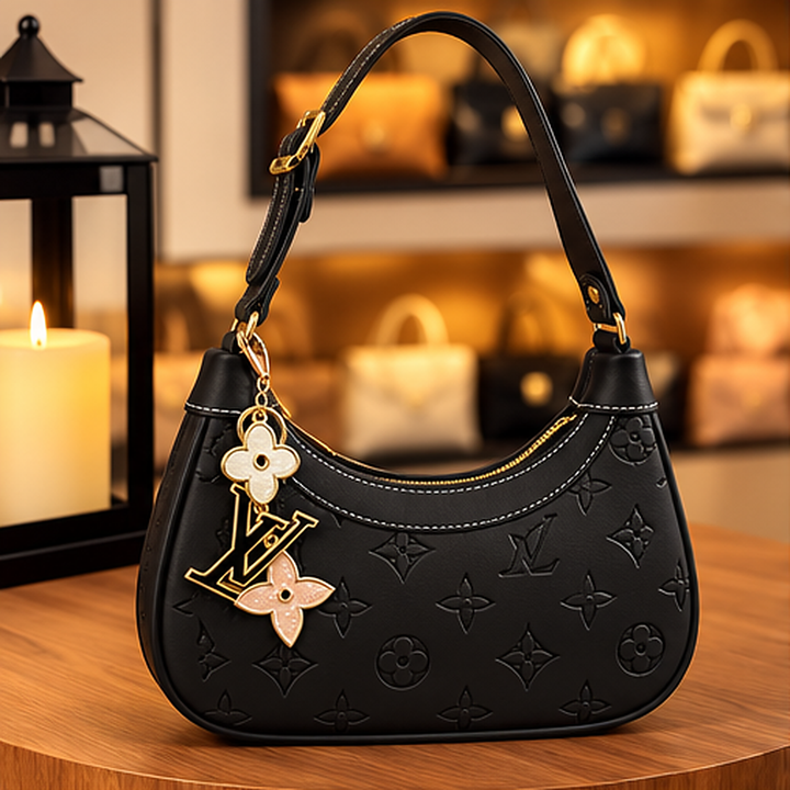 Bolsa Hobo Meia-Lua Monograma em Relevo com Pingentes — Icon Charm