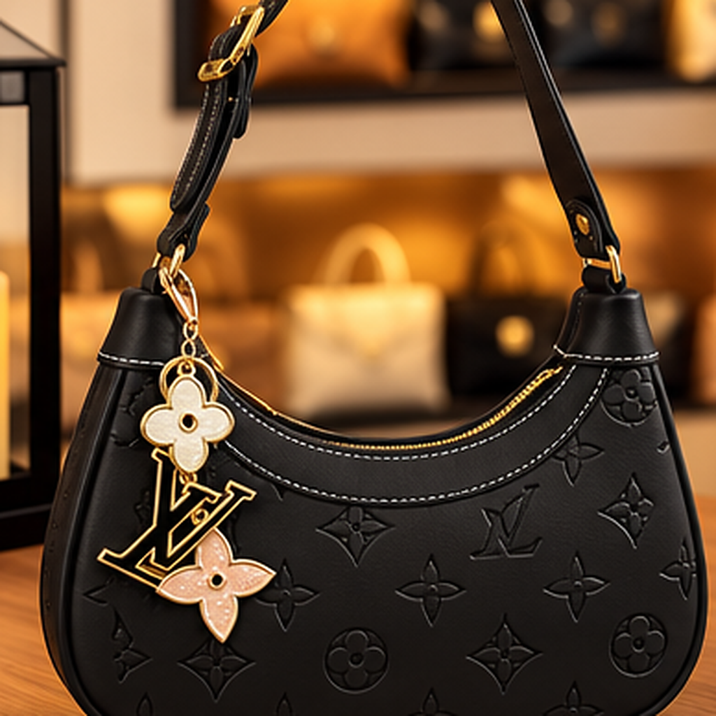 Bolsa hobo monograma em relevo preta — detalhes dos pingentes