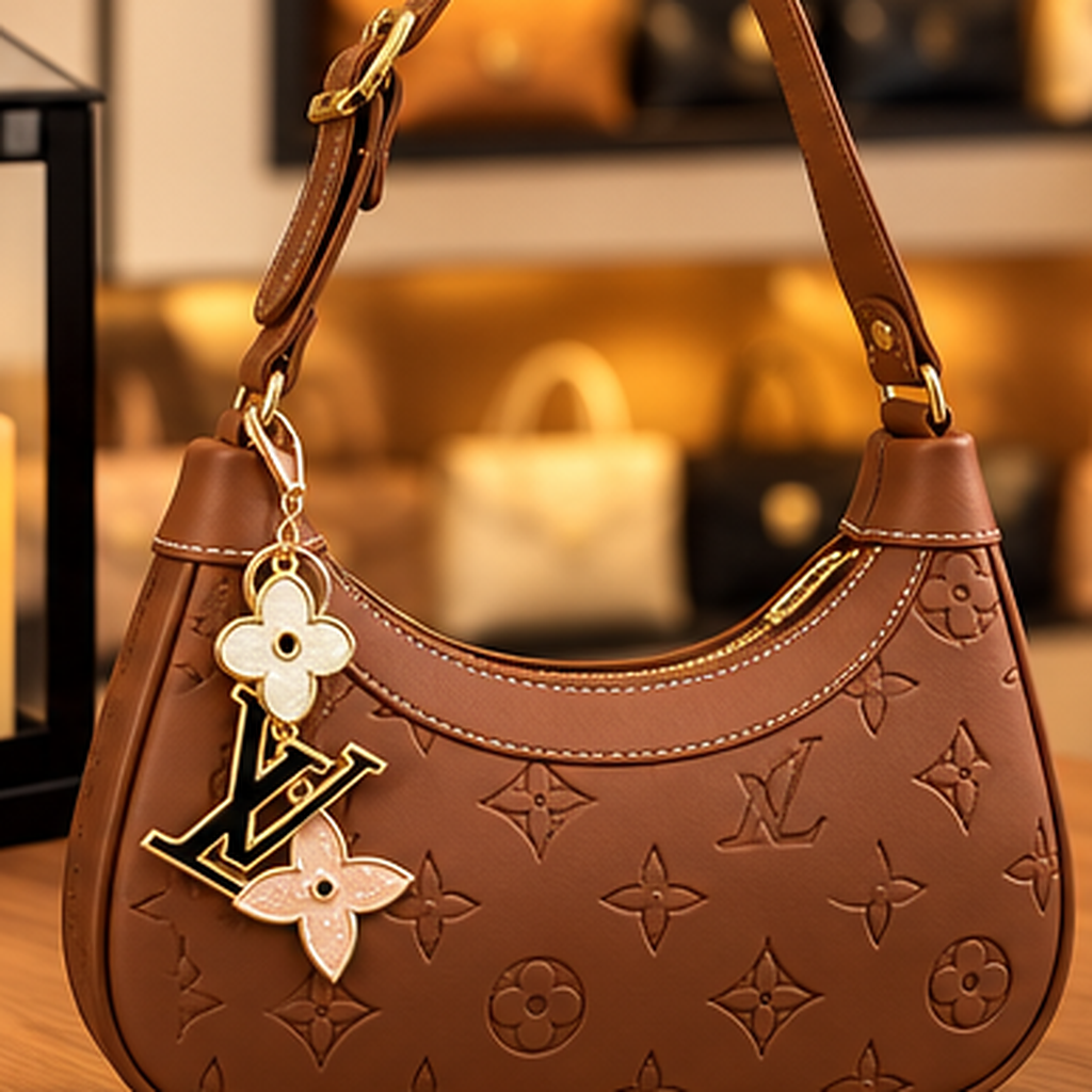 Bolsa hobo monograma em relevo caramelo — detalhes dos pingentes