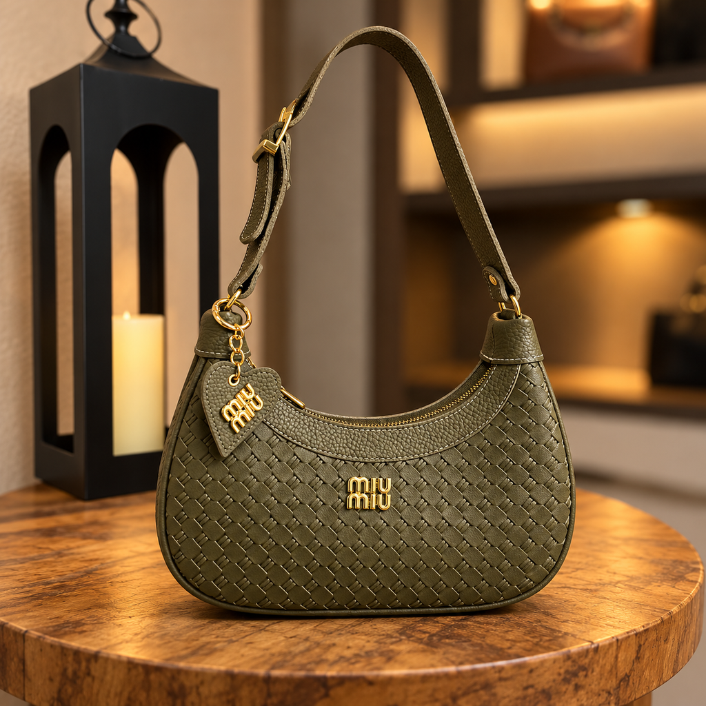 Bolsa hobo meia-lua trançada verde-oliva — frente
