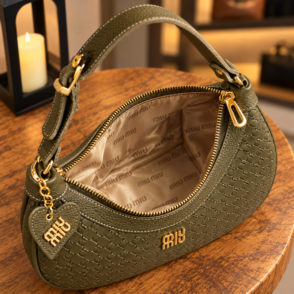 Bolsa hobo meia-lua verde-oliva — interior e forro estampado