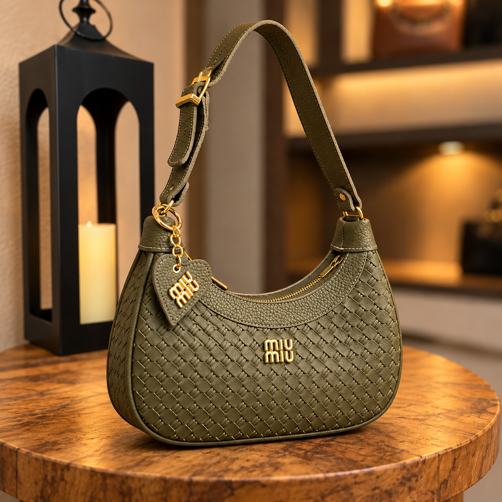 Bolsa hobo meia-lua trançada verde-oliva — lateral