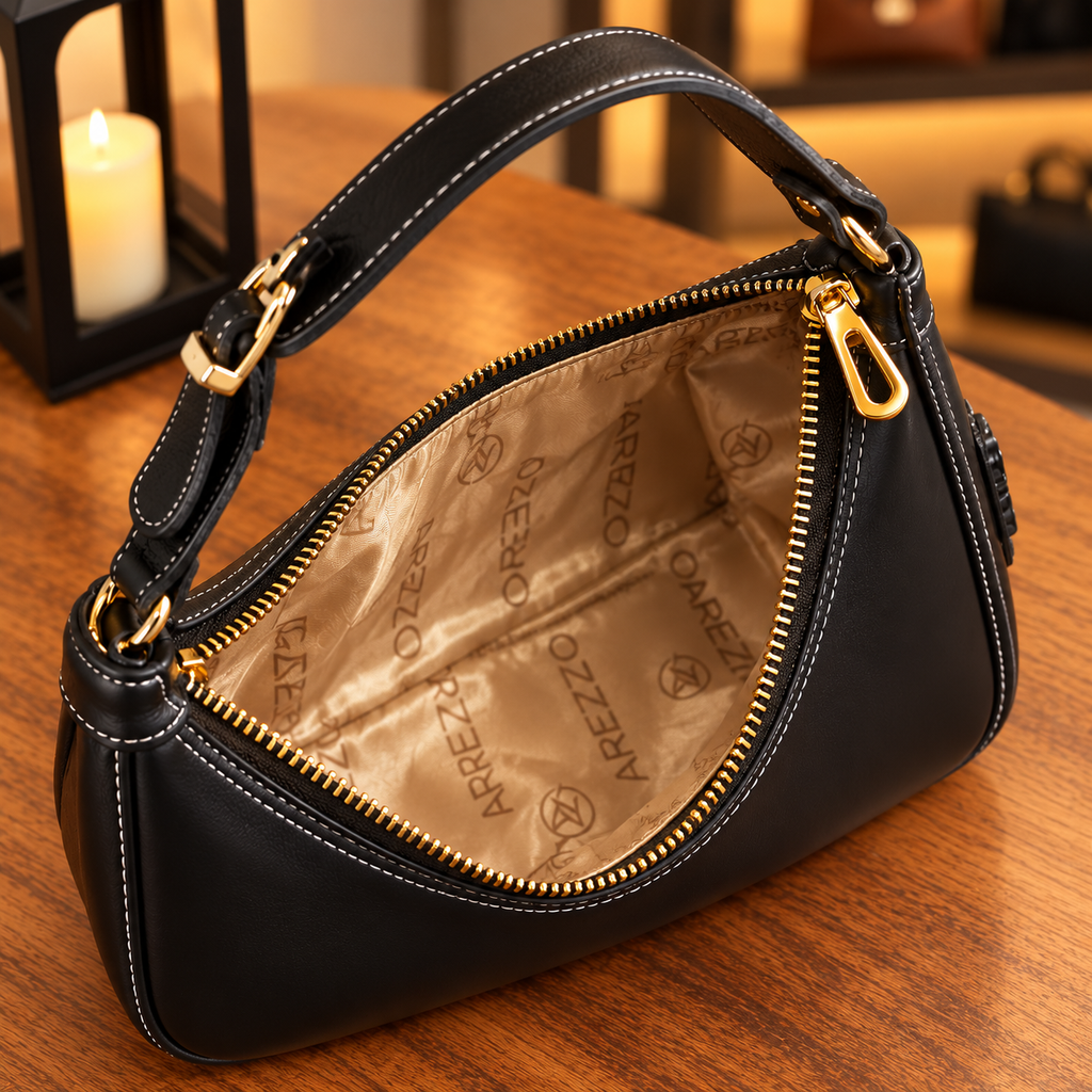 Bolsa Hobo Meia-Lua Preta — interior e forro estampado