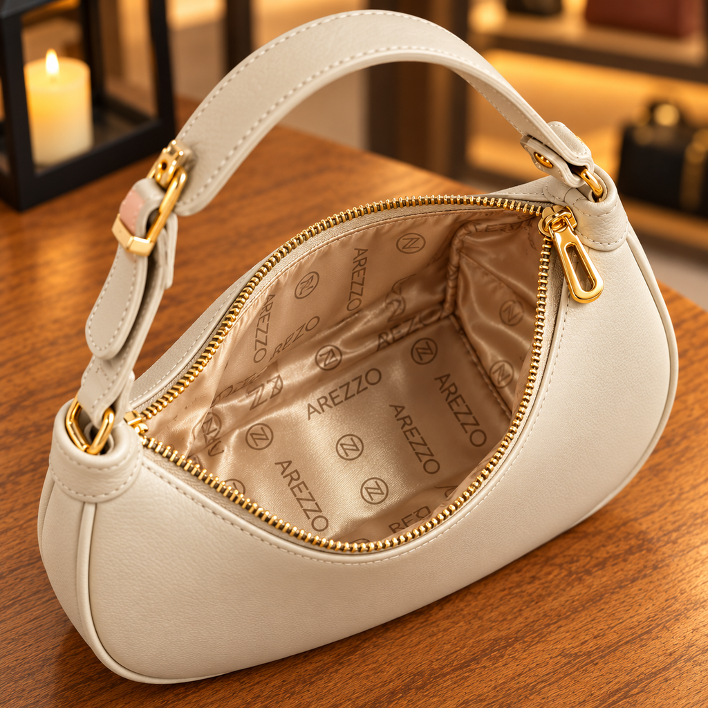 Bolsa Hobo Meia-Lua Off-white — interior e forro estampado