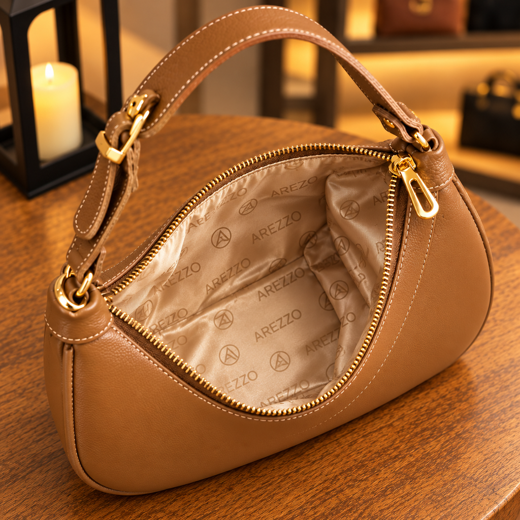 Bolsa Hobo Meia-Lua Caramelo — interior e forro estampado