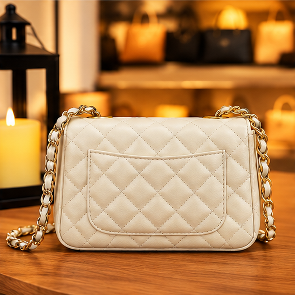 Bolsa Mini Matelassê Off-white — verso com bolso