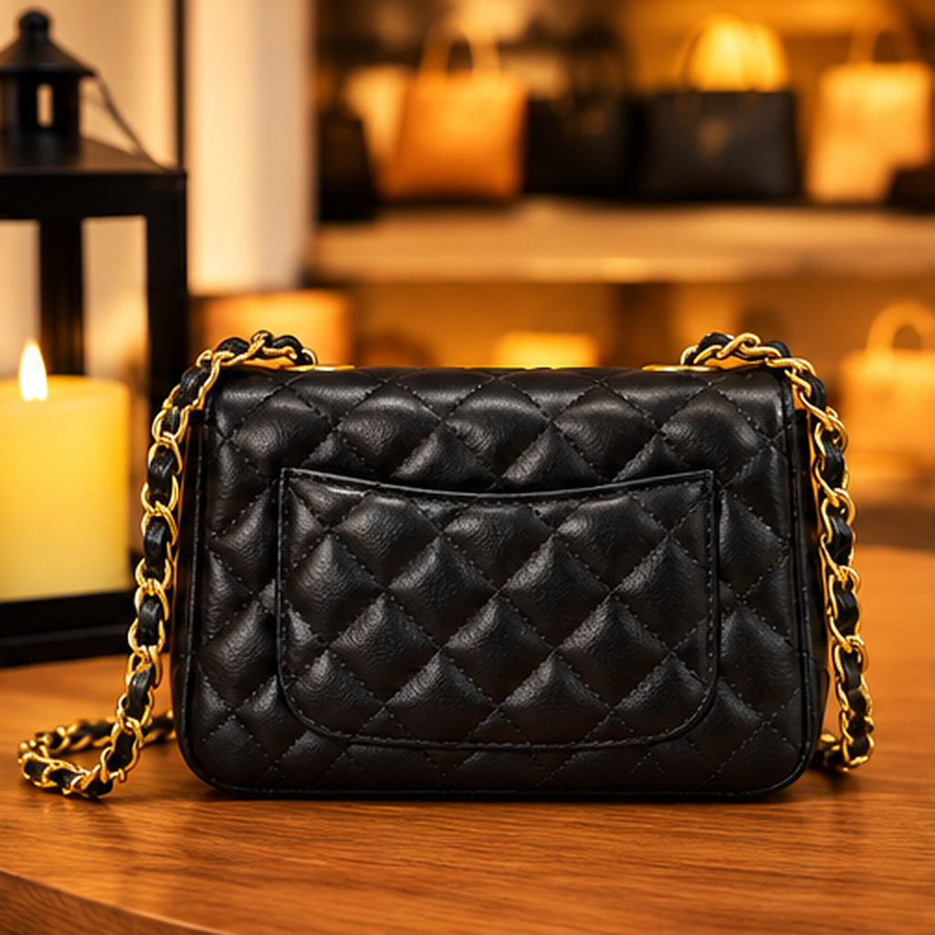 Bolsa Mini Matelassê Preta — verso com bolso