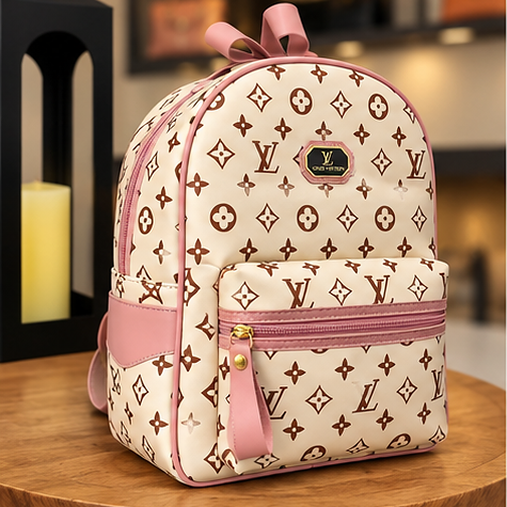 Mochila monograma creme com rosa — frente