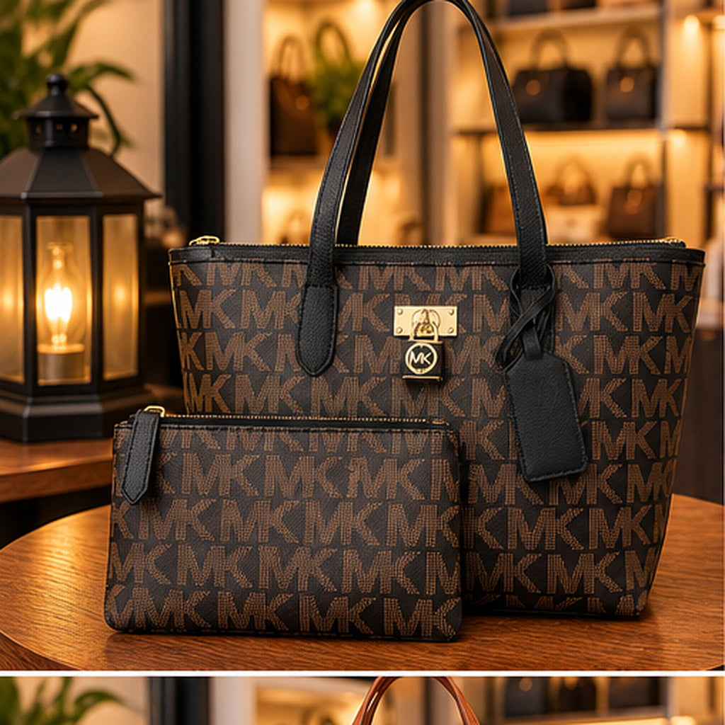 Bolsa Tote Monograma Lock Charm — Vista frontal preta com nécessaire