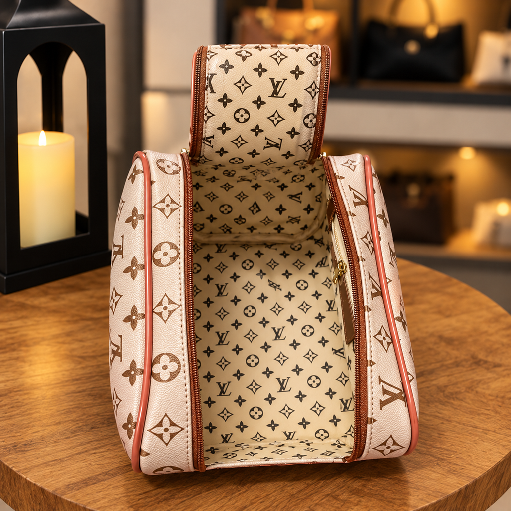 Nécessaire Box Monograma Creme com Caramelo — interior corrigido no cenário oficial Laiza Bolsas