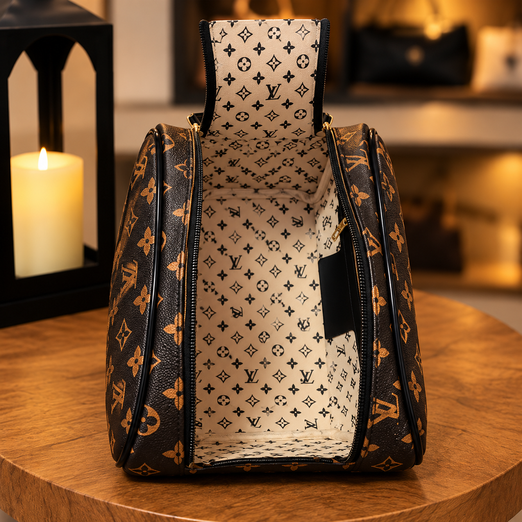 Nécessaire Box Monograma Preto — interior corrigido no cenário oficial Laiza Bolsas