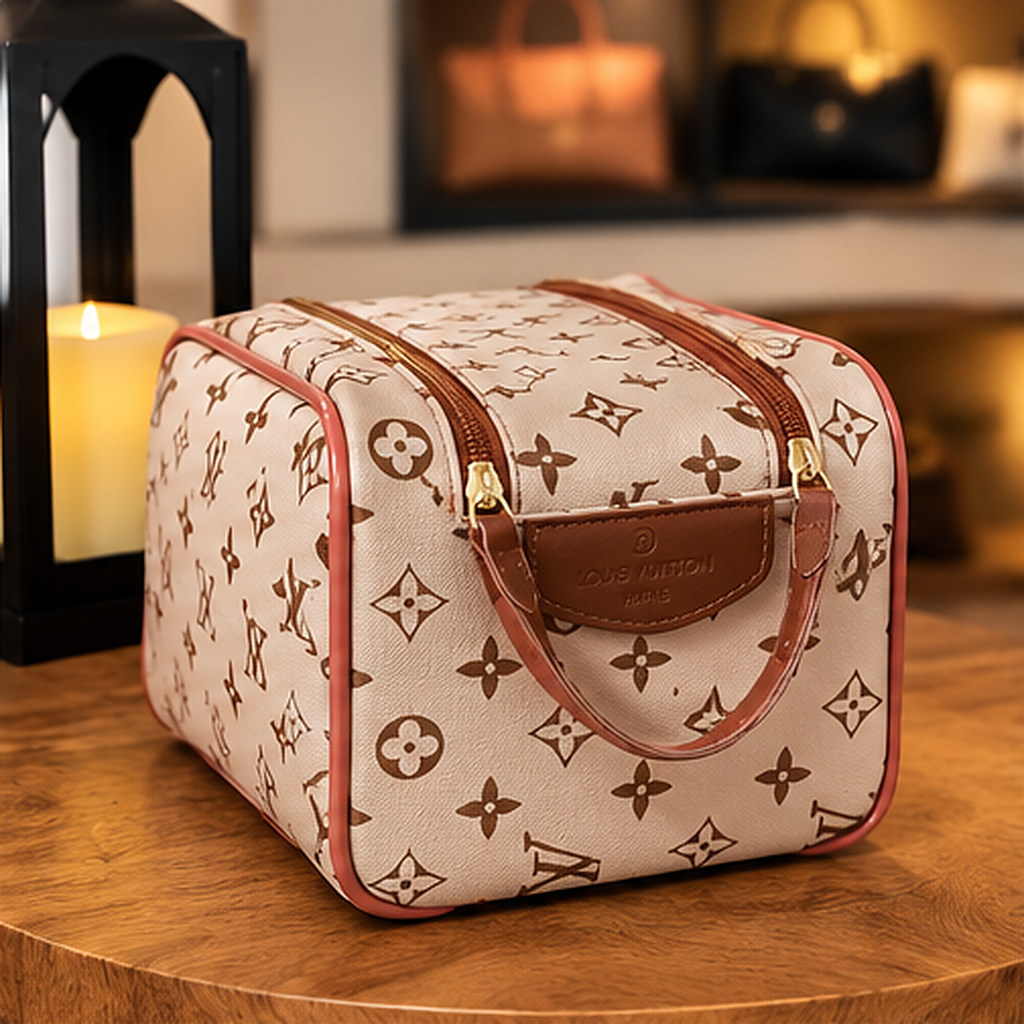 Nécessaire box monograma creme com caramelo — três quartos