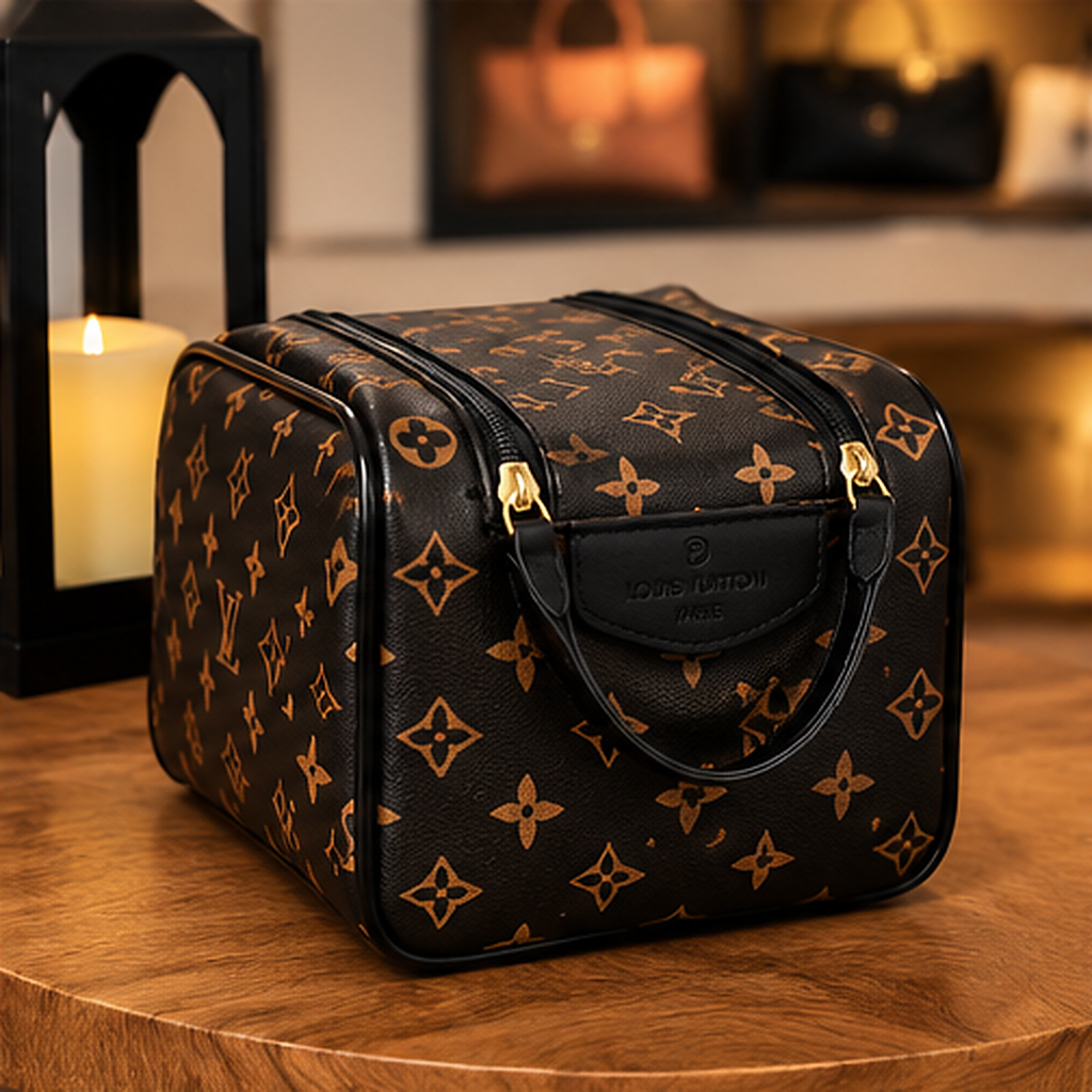 Nécessaire box monograma preto — três quartos