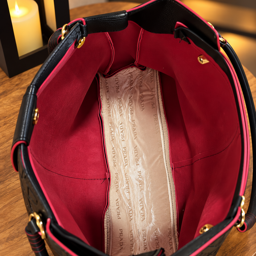 Interior da bolsa preta com laterais vermelhas e compartimento central estampado