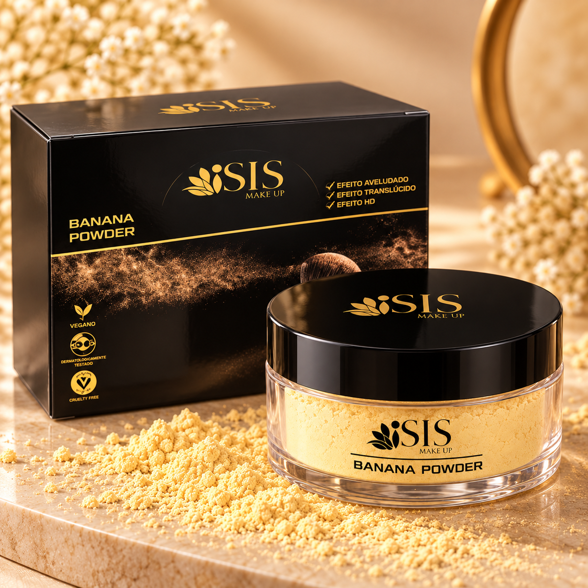 Banana Powder SIS Make-Up — imagem profissional 4, com caixa, representação digital ilustrativa