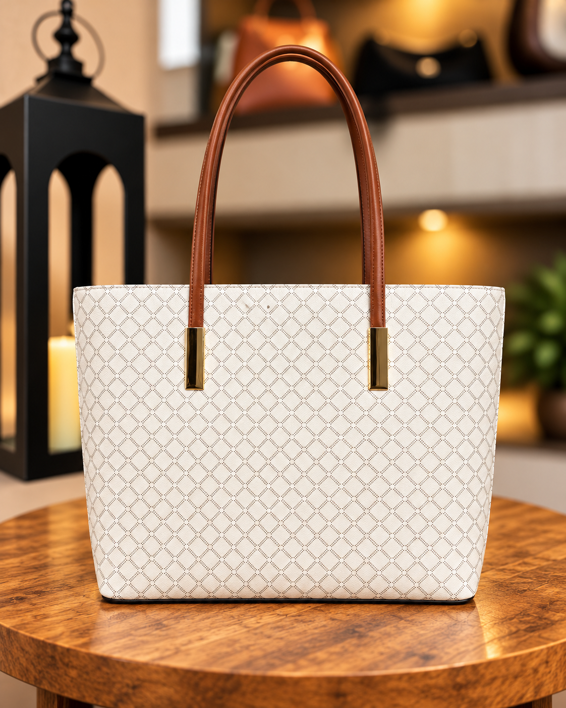 Bolsa tote feminina branca com alças caramelo - frente