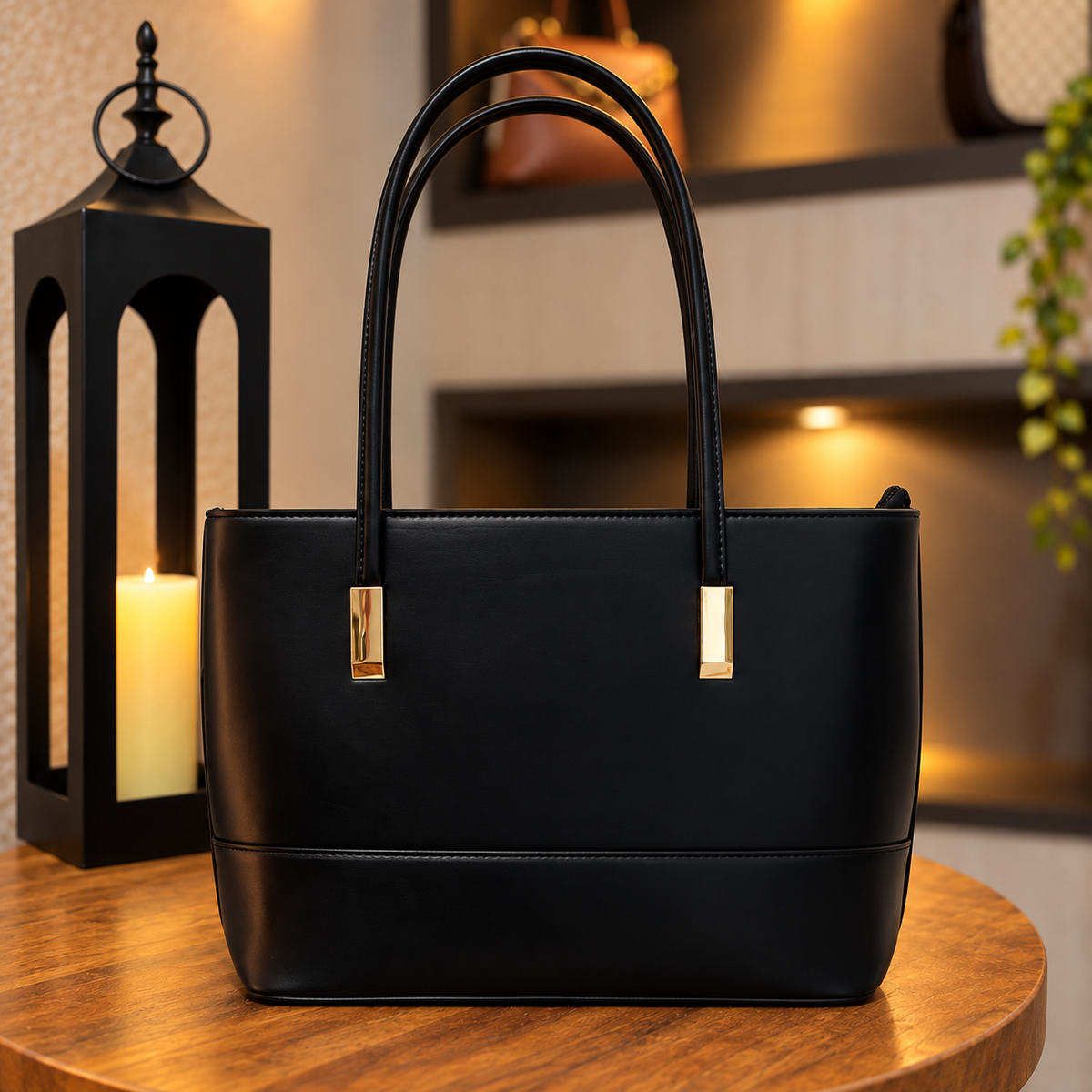 Bolsa tote preta, outra vista externa em fundo padrão