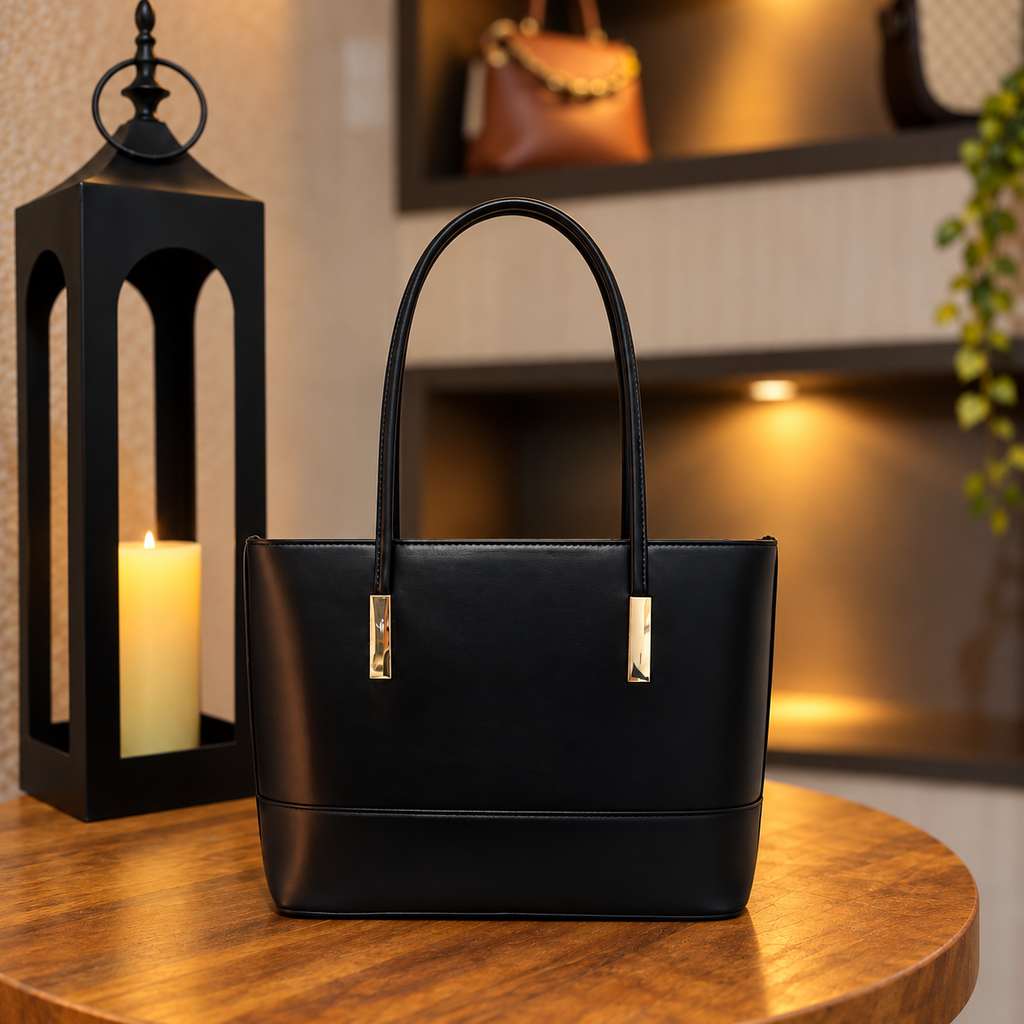 Bolsa tote preta com alças longas, vista frontal